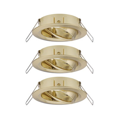 Drie gouden metalen inbouwspots met verstelbare binnenring voor gerichte verlichting