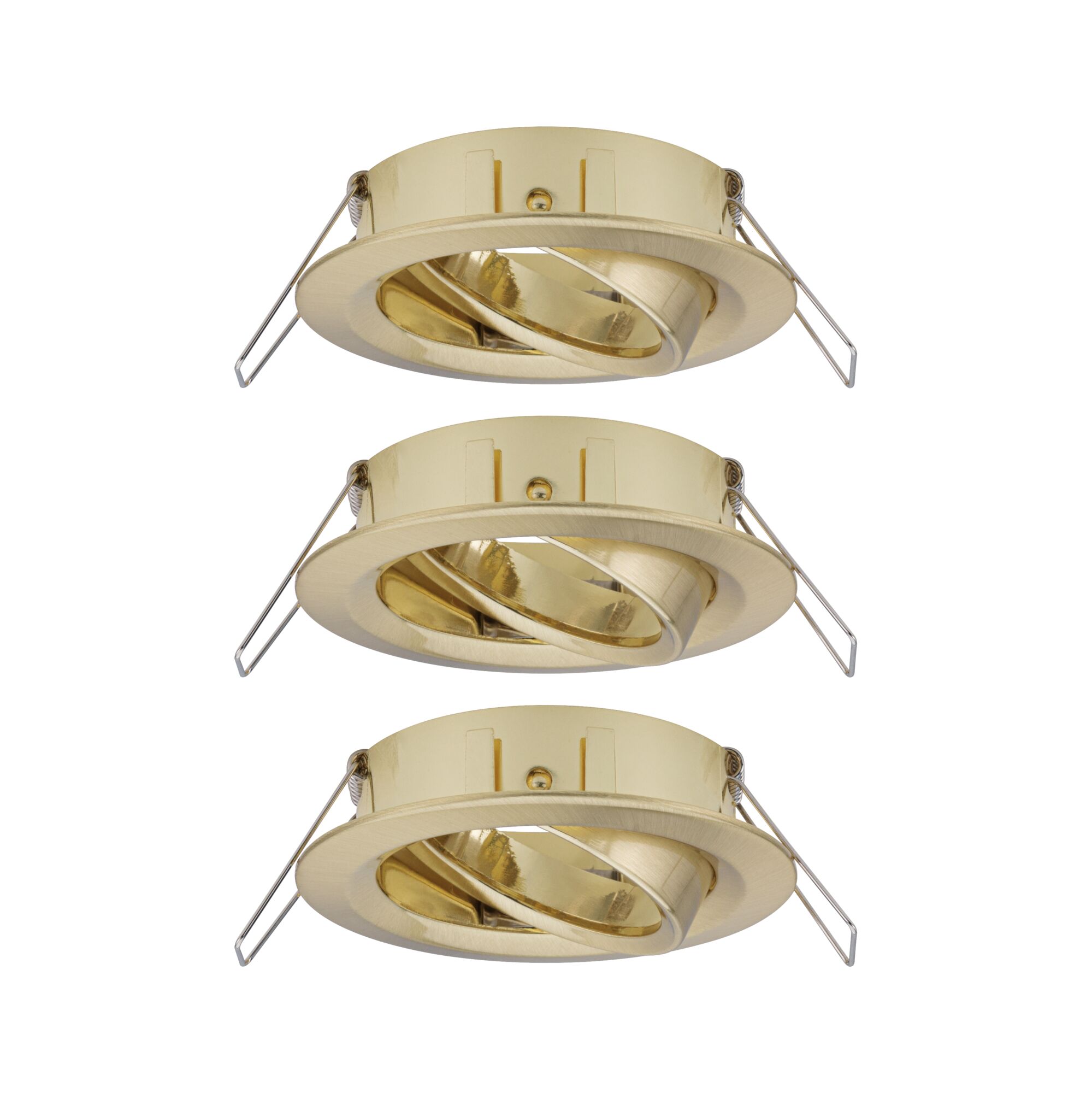 Three gold metal recessed spotlights with adjustable inner ring for focused lighting