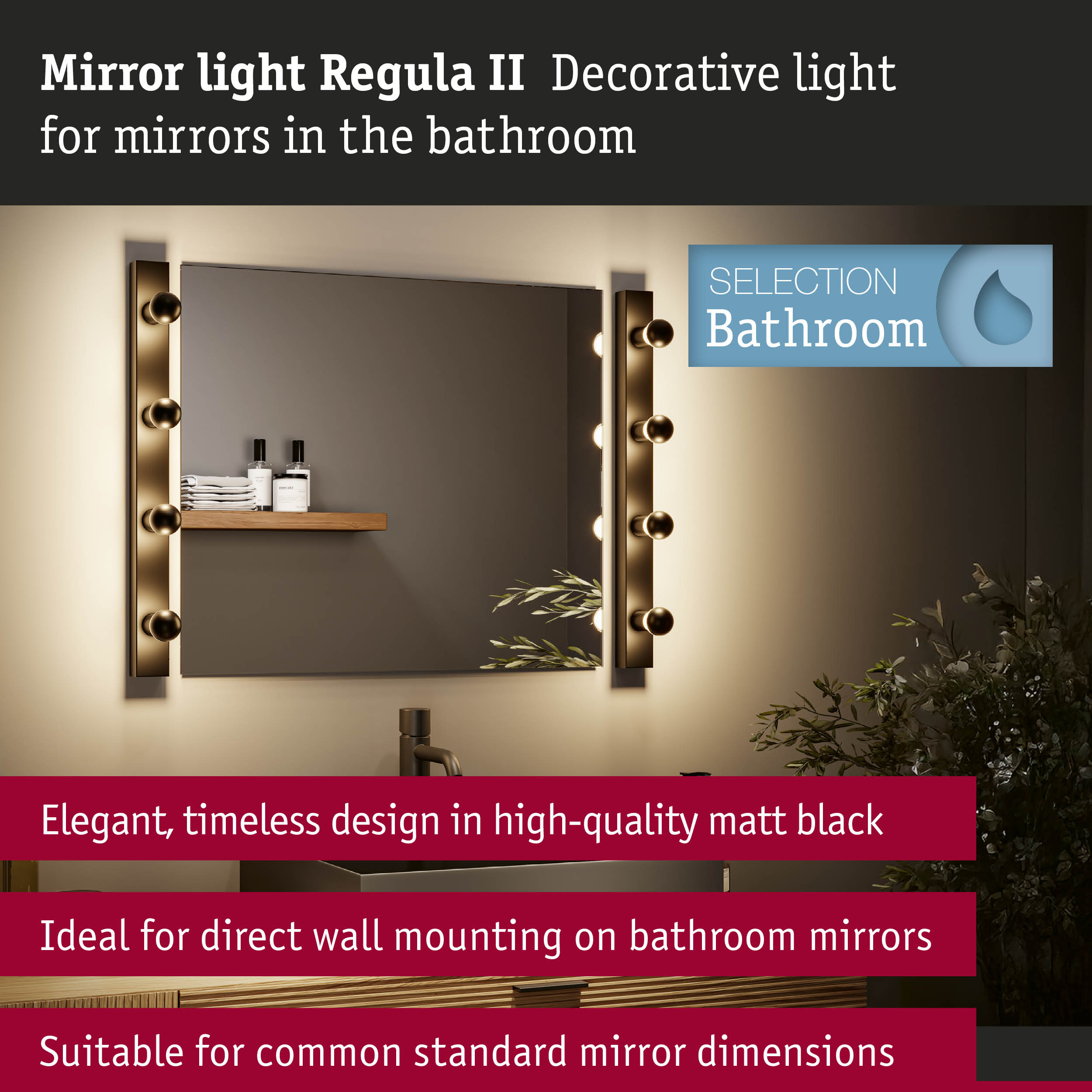 Set Mirror light Regula II including light source 4-lamp IP44 E14 2700K 4x470lm 230V 4x4,5W dimmable Black/Crown mirror black matt
