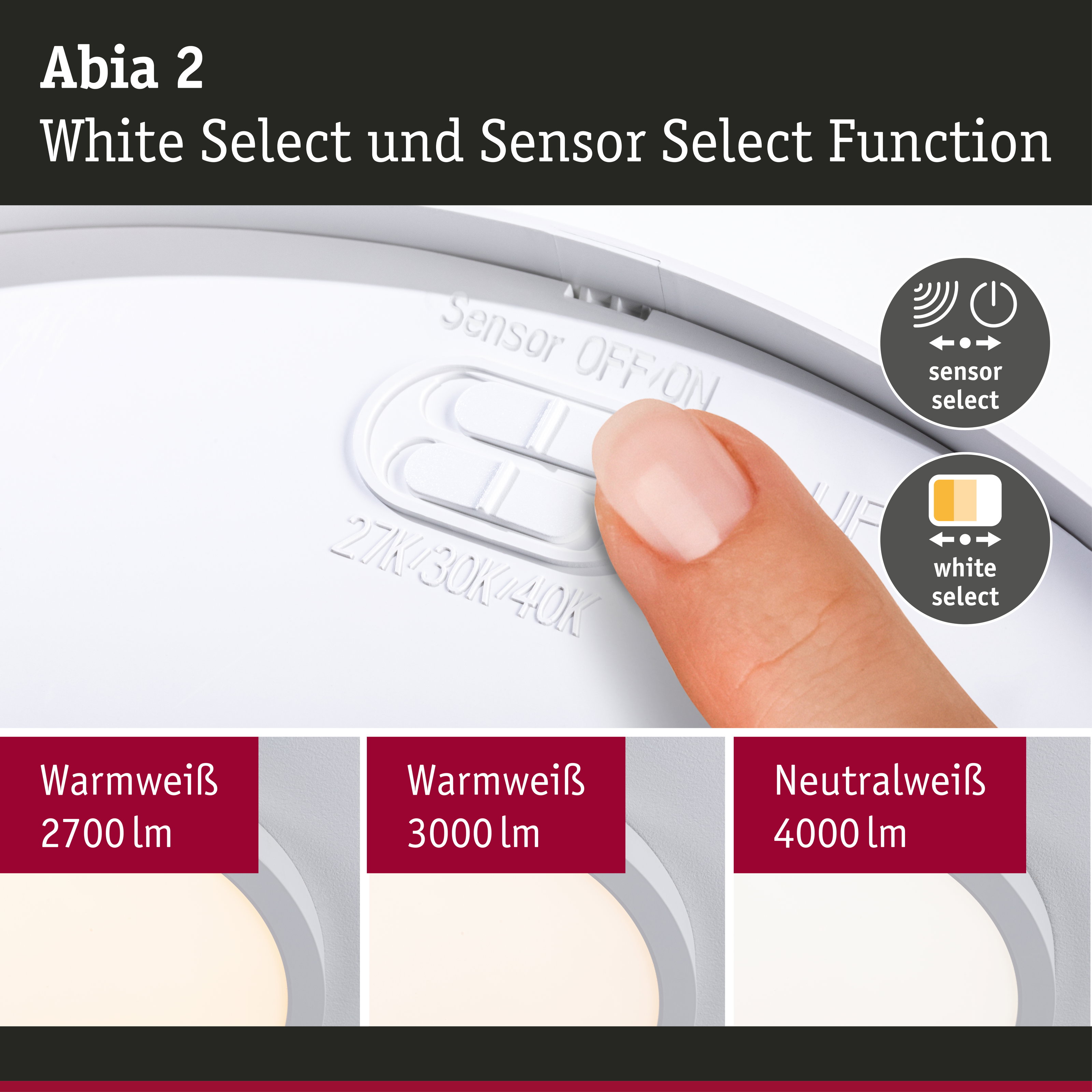 Abia LED-Deckenleuchte in Weiß mit Sensor- und White Select-Funktion für einstellbare Lichtfarben