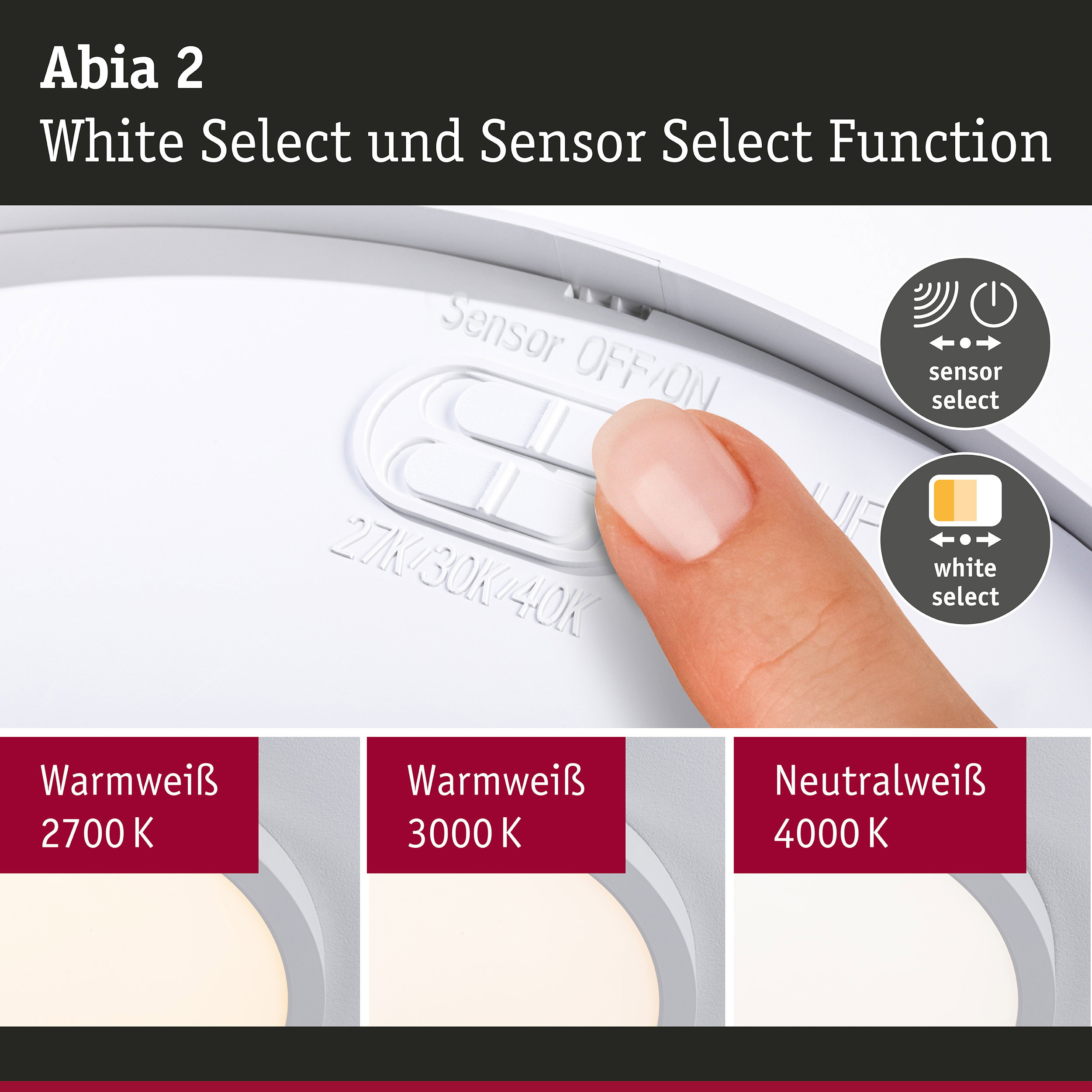 Abia LED-Deckenleuchte in Weiß mit Sensor- und White Select-Funktion für einstellbare Lichtfarben