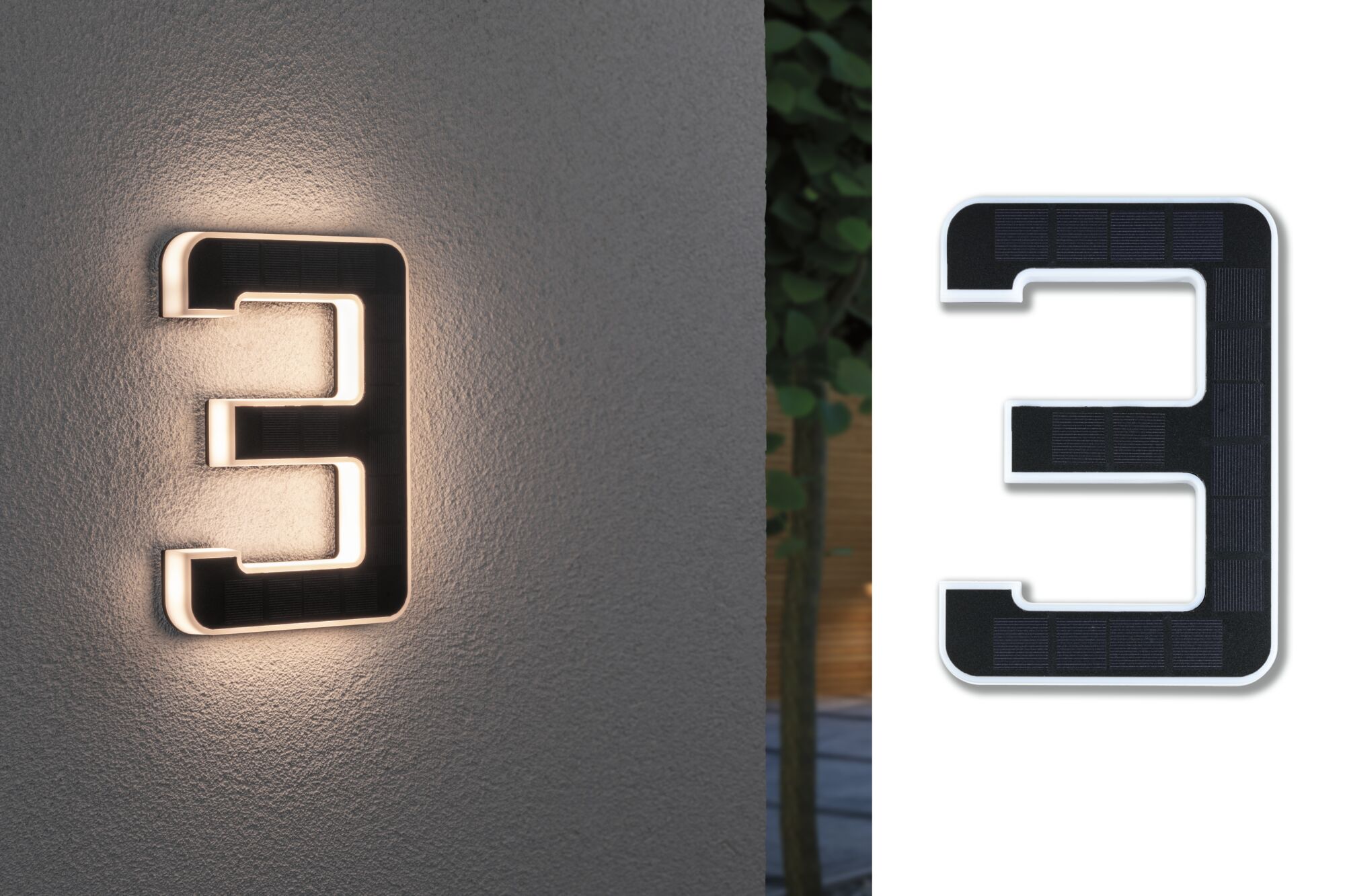 Illuminated house number 3 in black solar material with warm white LED light on grey wall.