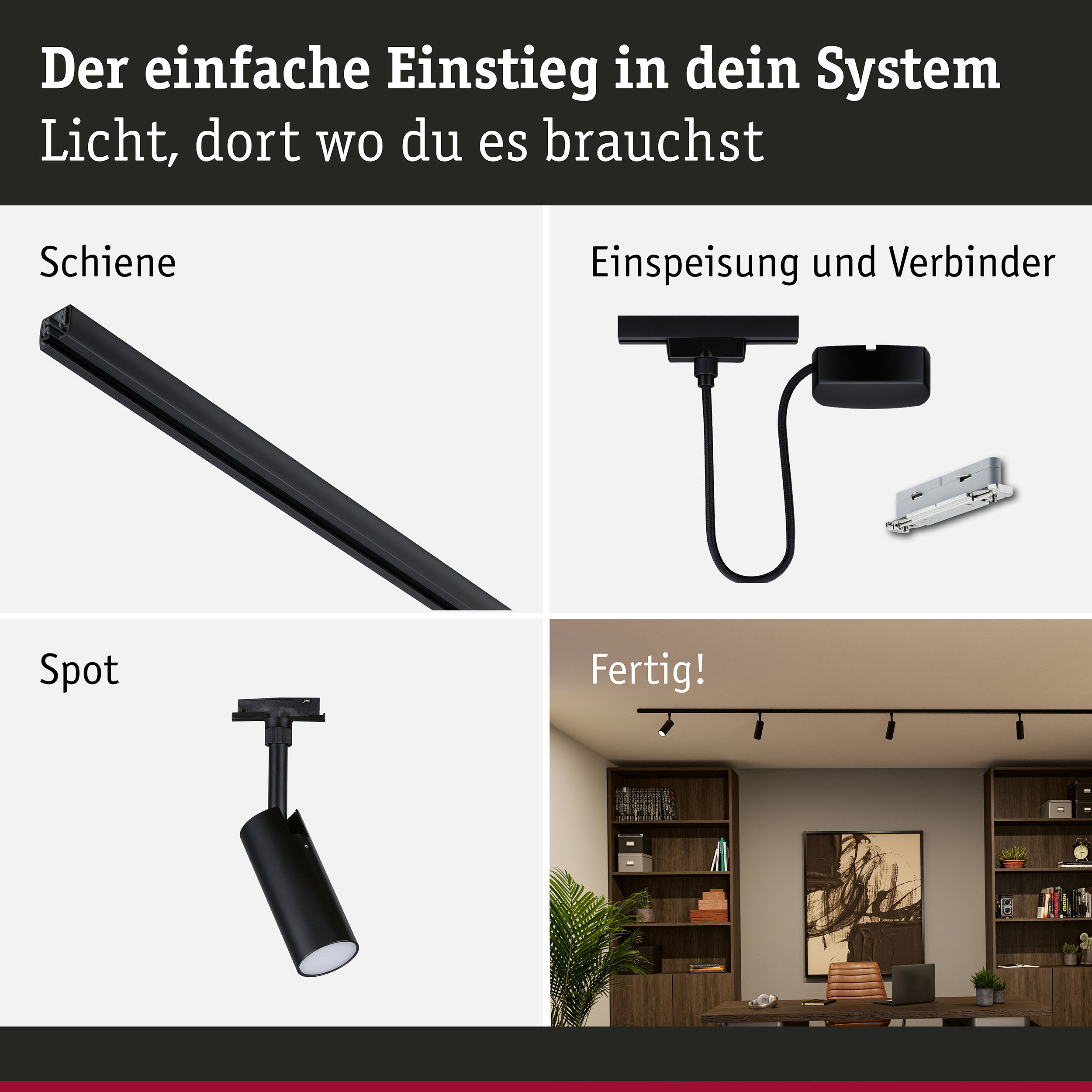 URail Schienenspot Tubo Starterset Kabeleinspeisung 4x4W 230V Schwarz matt