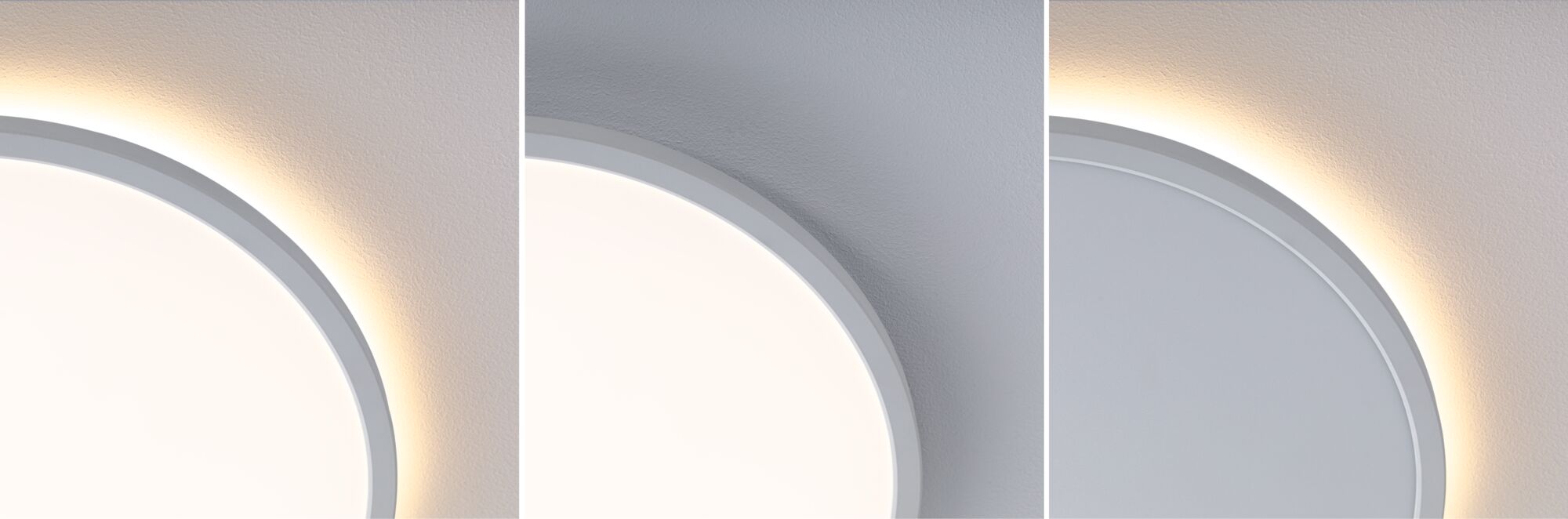 Drie witte ronde LED-plafondlampen met warm wit licht en grijze rand voor moderne interieurs