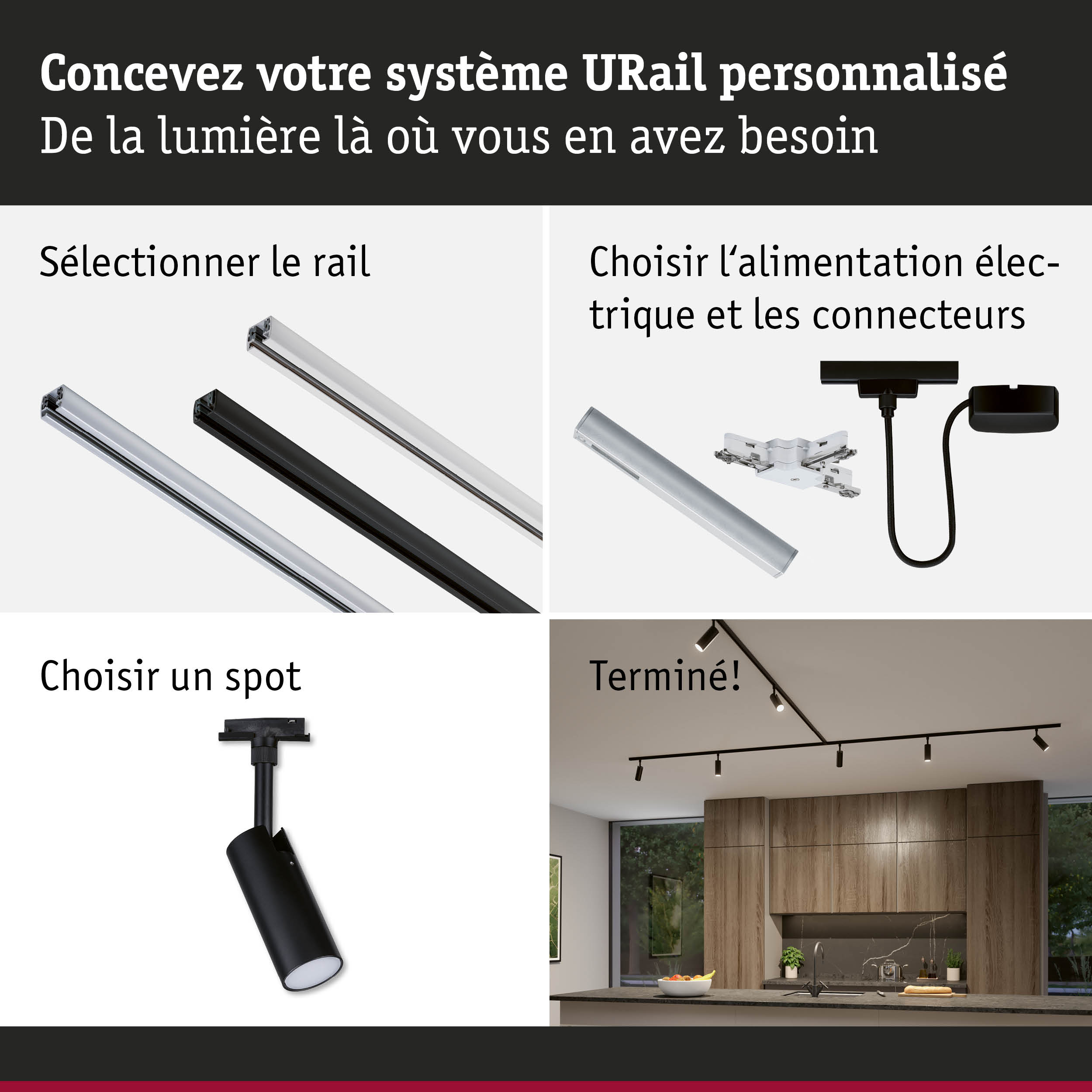 Système de rail modulaire URail avec rails noirs et blancs et spots pour un éclairage flexible.