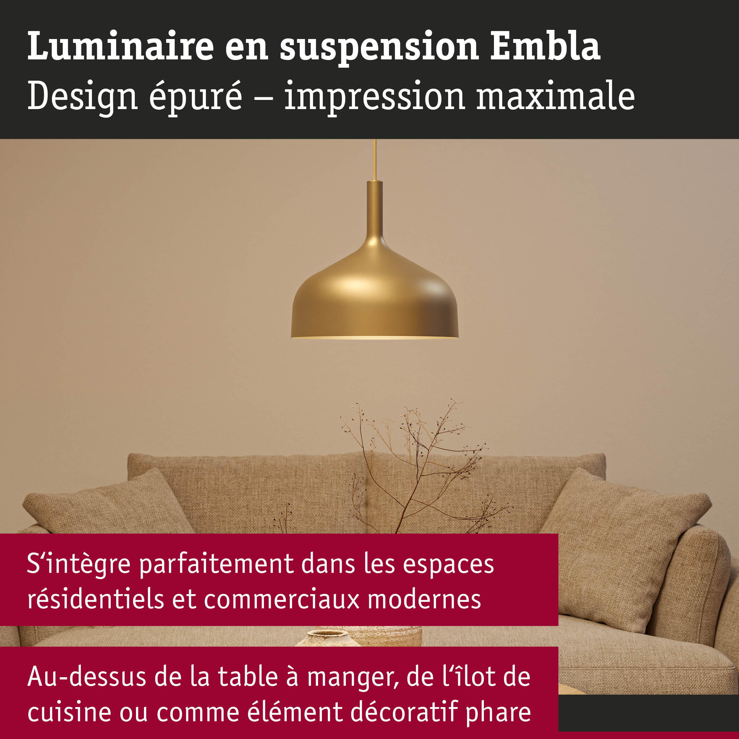 Luminaire suspendu Embla en métal doré au design épuré pour espaces résidentiels modernes