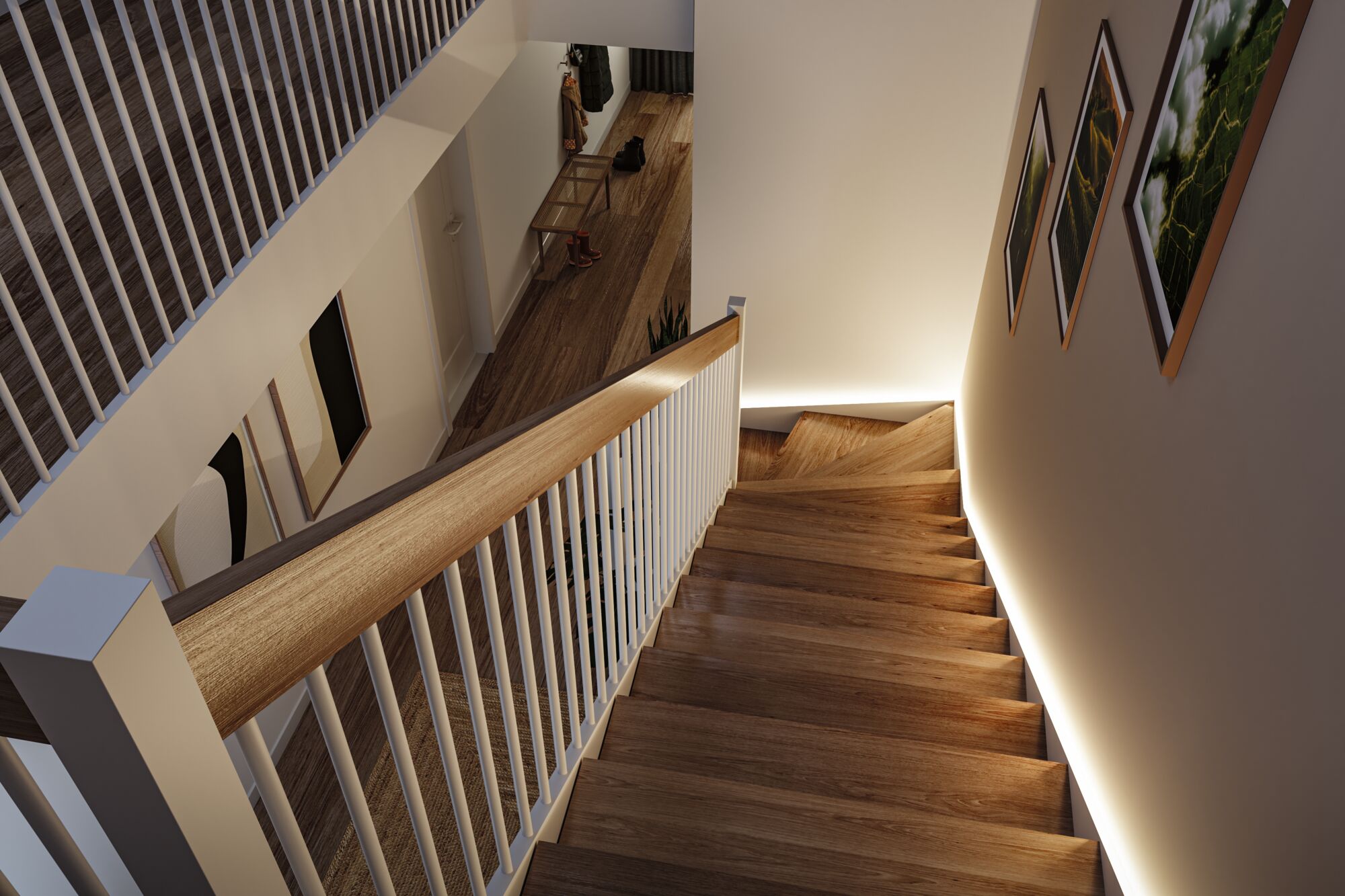Escalier en bois moderne avec rambarde blanche et éclairage LED indirect sur le mur dans un espace de vie.