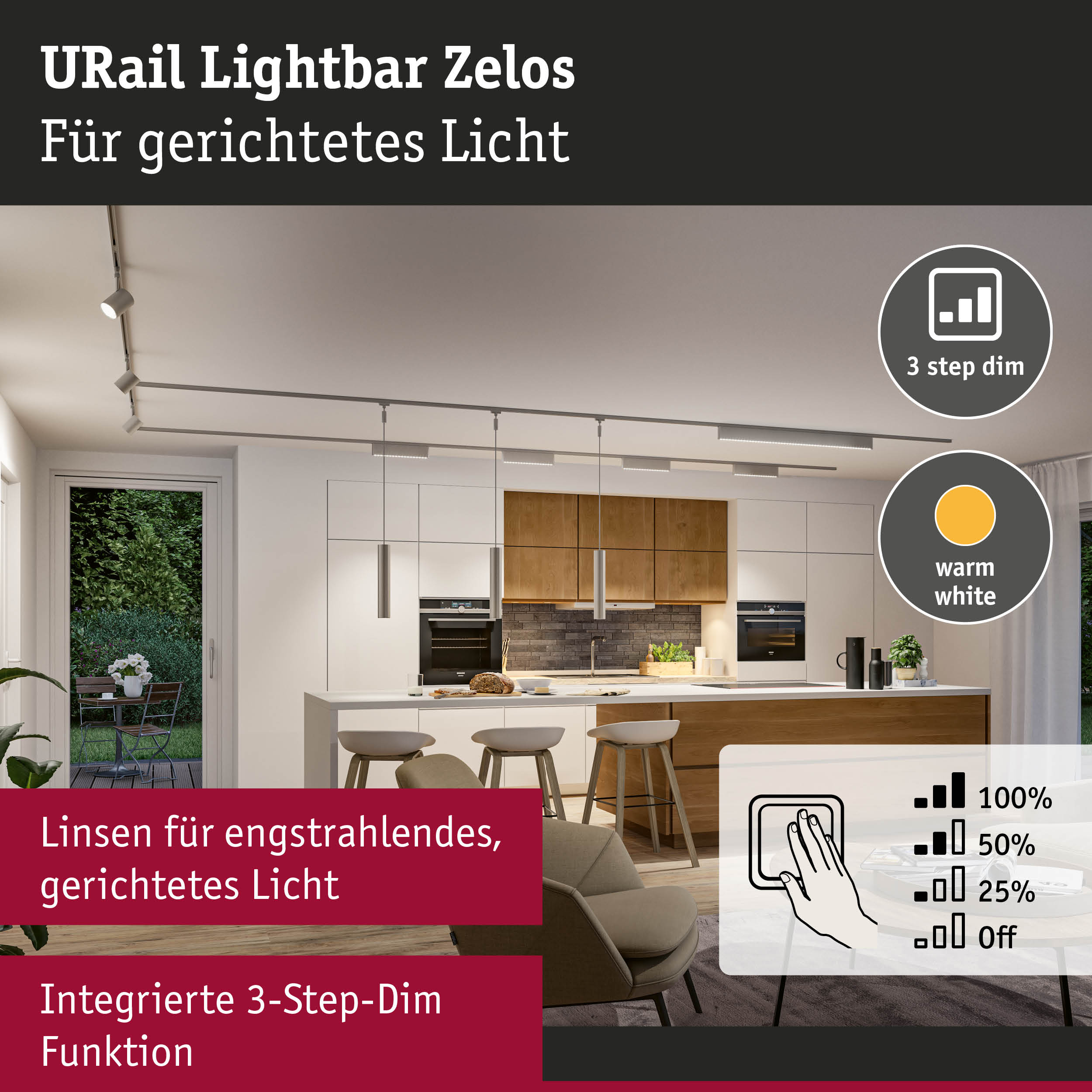 URail Lightbar Zelos Deckenleuchte in Weiß mit 3-Stufen-Dim Funktion für gerichtetes Licht