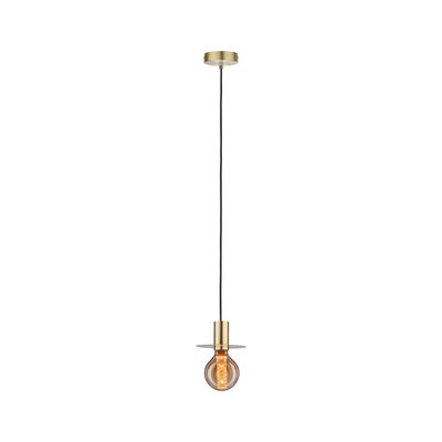 Modern brass pendant light with black cord and warm white LED bulb for stylish home lighting
