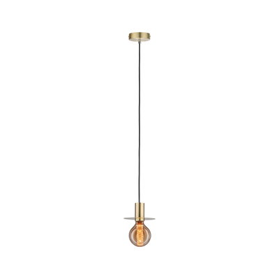 Modern brass pendant light with black cord and warm white LED bulb for stylish home lighting