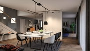 Modern dining room with black and white chairs, black pendant lights, and wooden flooring lighting