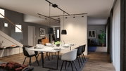 Moderne eetkamer met zwarte en witte stoelen, zwarte hanglampen en houten vloer met verlichting