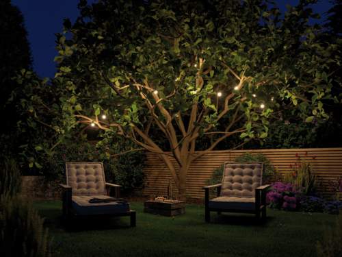 Varme LED-pærelamper på træ i have, hyggelig udendørsbelysning til terrasse eller baghave.