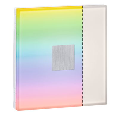 Quadratischer LED-Wandlichtschalter mit mehrfarbigem Farbverlauf und weißem Rand aus Kunststoff