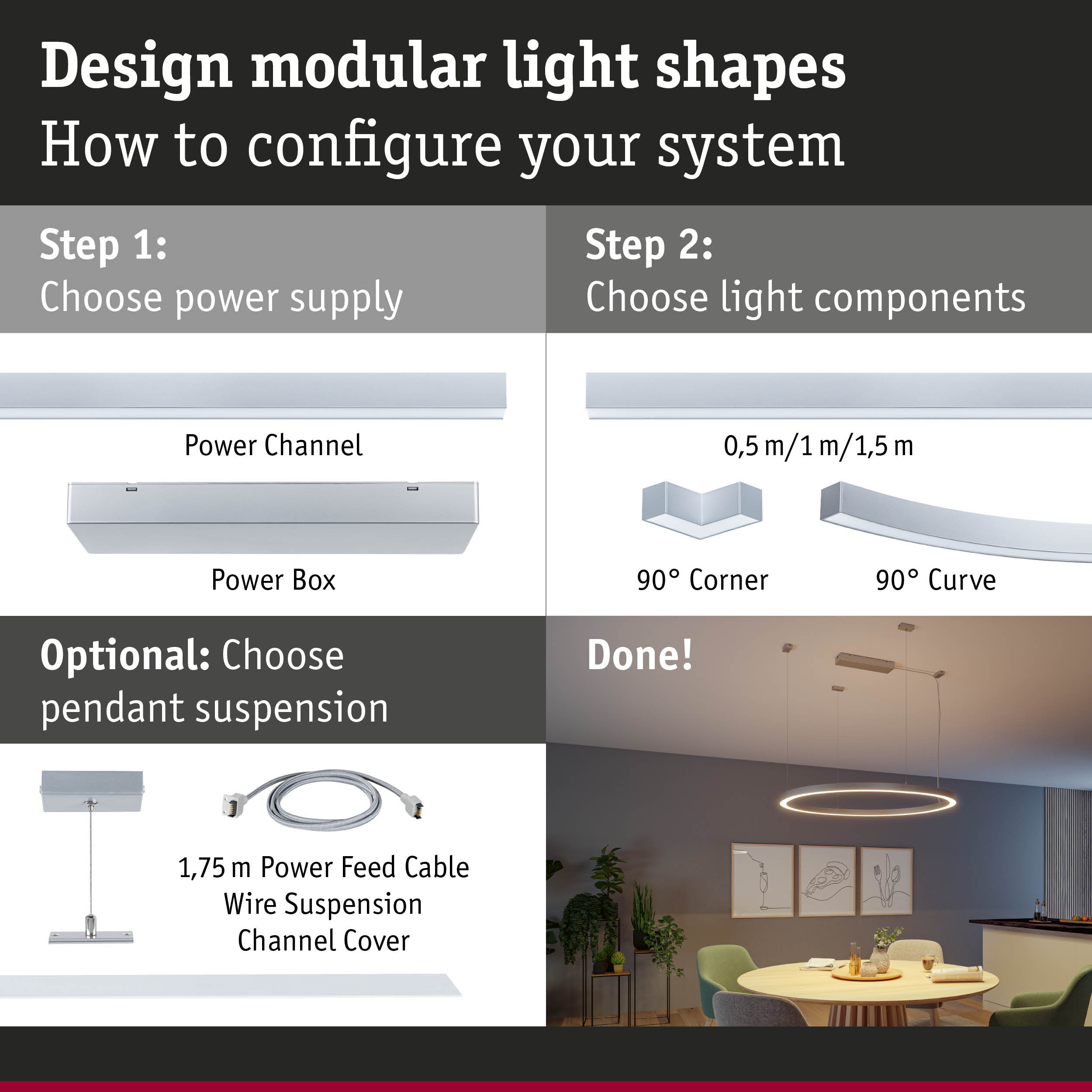 Modular LED lighting system with silver Power Box, Power Channel, 90° corner and curve light components.