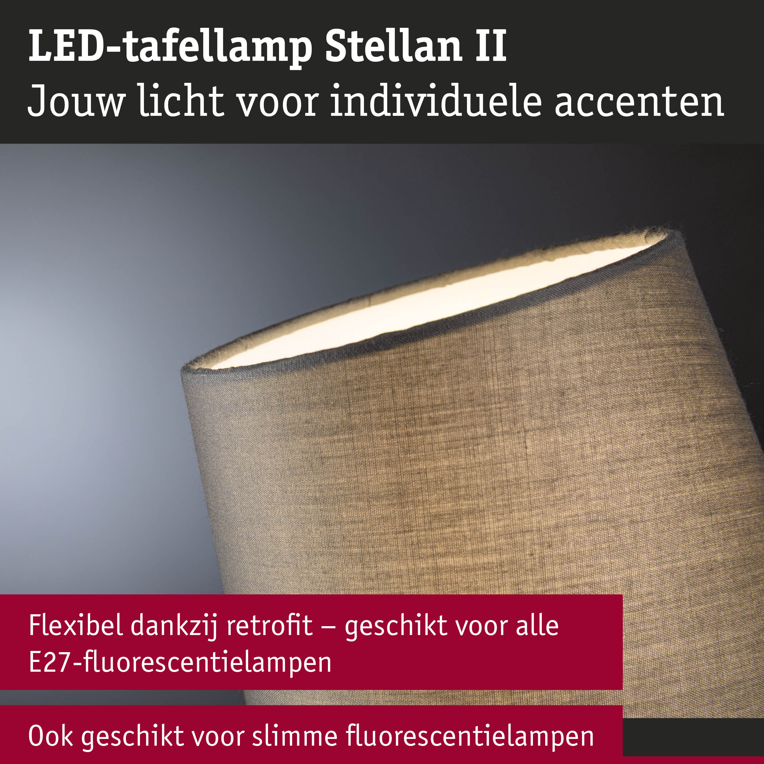 LED-tafellamp Stellan II met grijze stoffen kap en warm wit licht voor individuele accenten