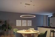 Modern round LED pendant light in warm white above wooden dining table with green chairs