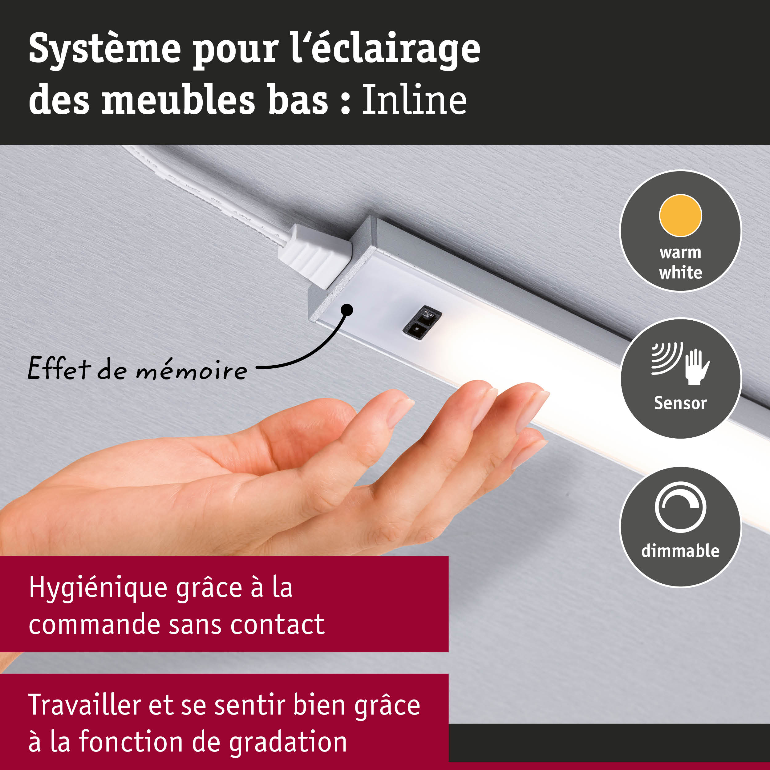 Éclairage LED sous meuble en aluminium, dimmable avec capteur et lumière blanc chaud pour meubles bas