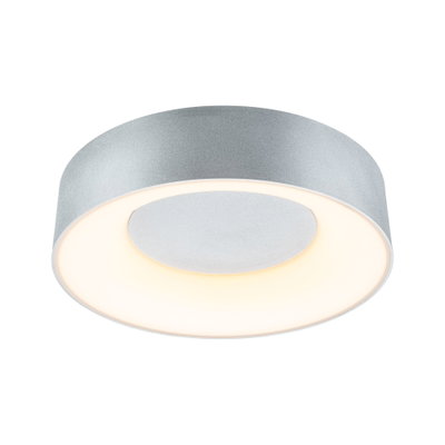Rund loftlampe i sølvfarvet aluminium med varmt hvidt LED-lys til moderne rum