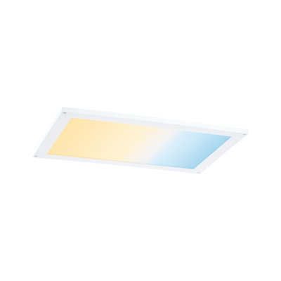 Rechteckige LED-Deckenleuchte mit weißem Rahmen und stufenlos einstellbarem Farbverlauf von warm zu kalt.