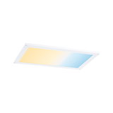 Rechteckige LED-Deckenleuchte mit weißem Rahmen und stufenlos einstellbarem Farbverlauf von warm zu kalt.