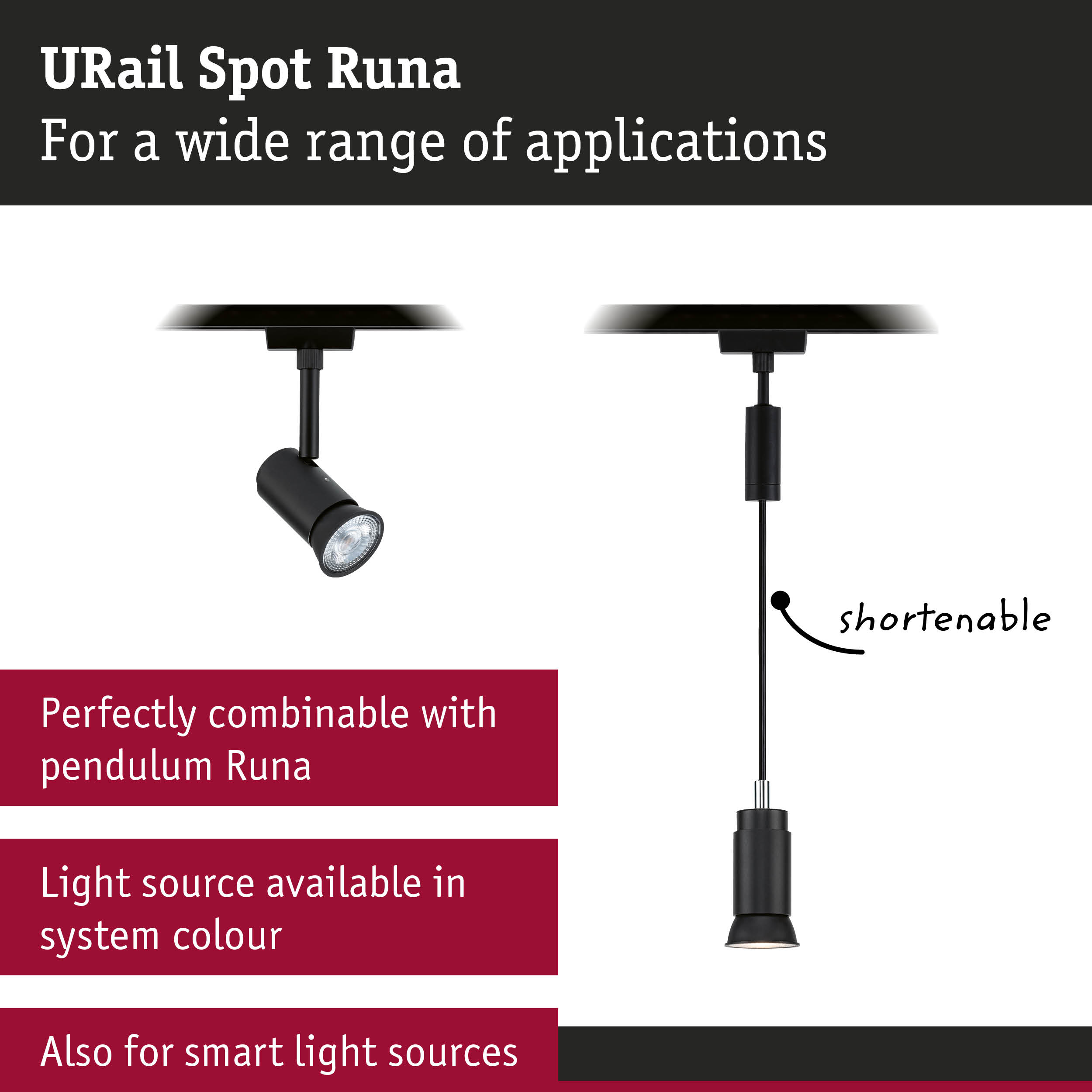 Black URail Spot Runa track light with adjustable spotlight head for versatile lighting applications