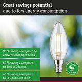 Clear LED candle bulb with silver base offering high energy savings and low power consumption