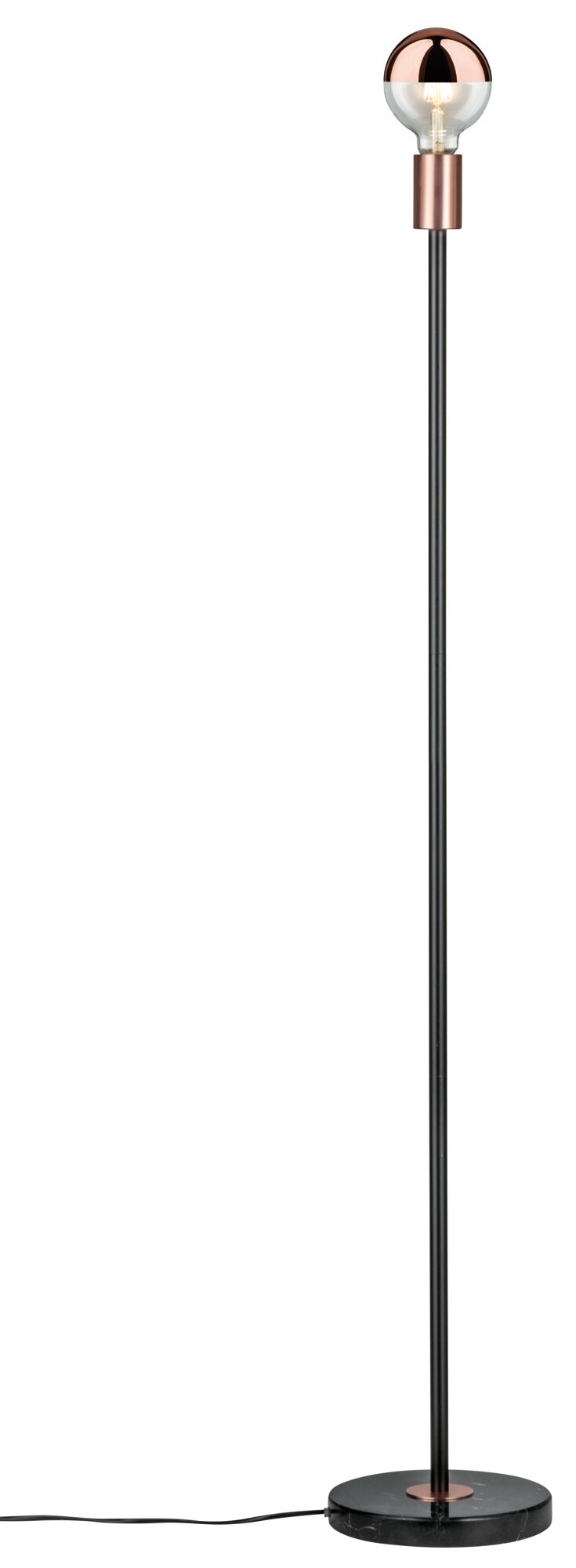 Lampadaire LED avec tige en métal noir, base en marbre et abat-jour couleur cuivre pour salon.