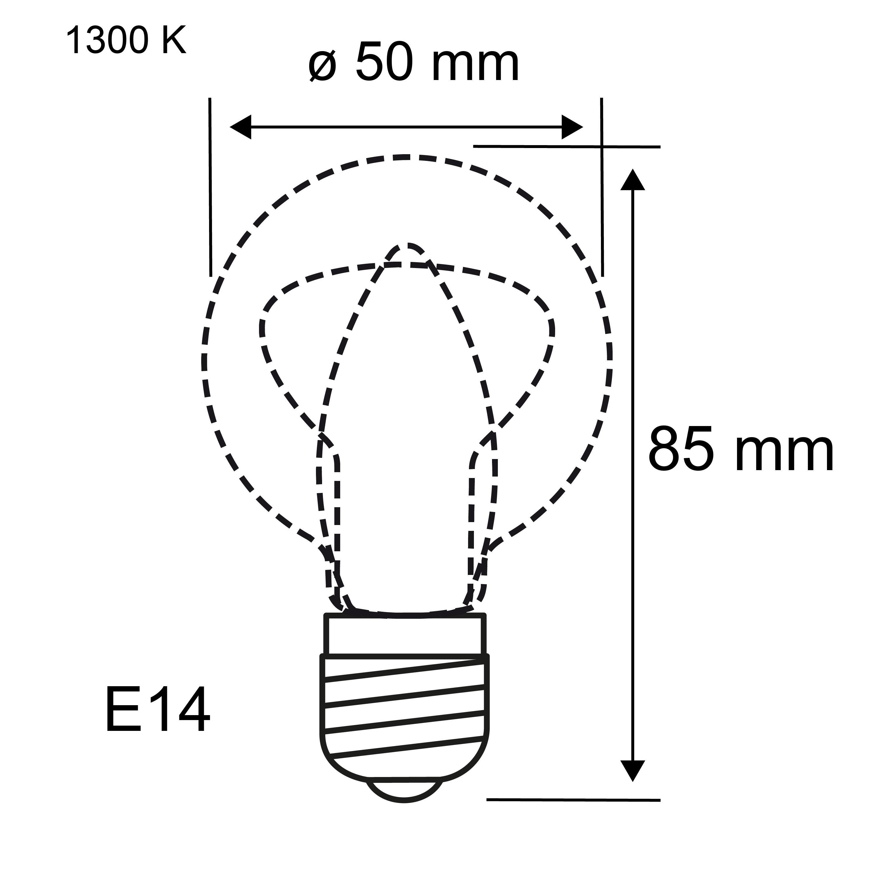 Technische Zeichnung einer E14 Glühbirne mit 50 mm Durchmesser und 85 mm Höhe, 1300 K Lichtfarbe