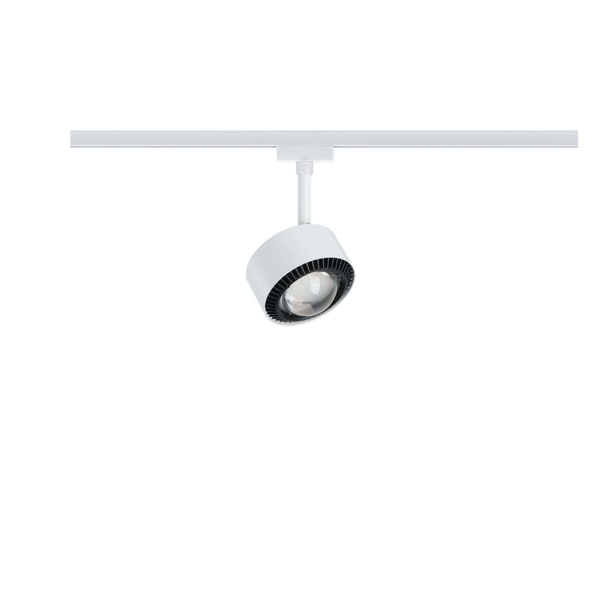 Moderner weißer LED-Strahler mit schwarzem Lüfterring an weißer Schiene für flexible Beleuchtung