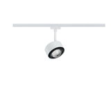 Moderner weißer LED-Strahler mit schwarzem Lüfterring an weißer Schiene für flexible Beleuchtung