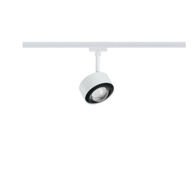 Moderner weißer LED-Strahler mit schwarzem Lüfterring an weißer Schiene für flexible Beleuchtung