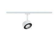 Moderner weißer LED-Strahler mit schwarzem Lüfterring an weißer Schiene für flexible Beleuchtung