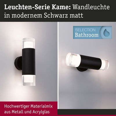 Moderne Wandleuchte Kame in mattem Schwarz aus Metall und Acrylglas für Badezimmerbeleuchtung