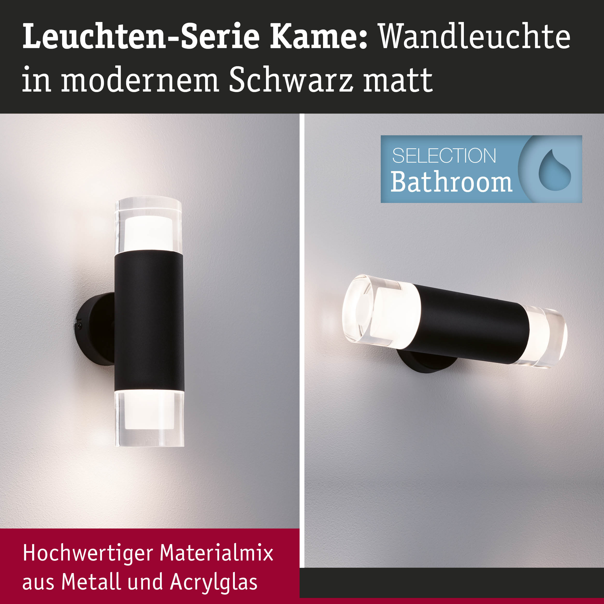 Wandleuchte Kame aus mattem schwarzem Metall und Acrylglas für Badezimmerbeleuchtung