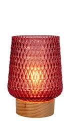 Rote Glas-Tischleuchte mit strukturiertem Schirm und Holzfuß, dekorative LED-Beleuchtung für Wohnräume.