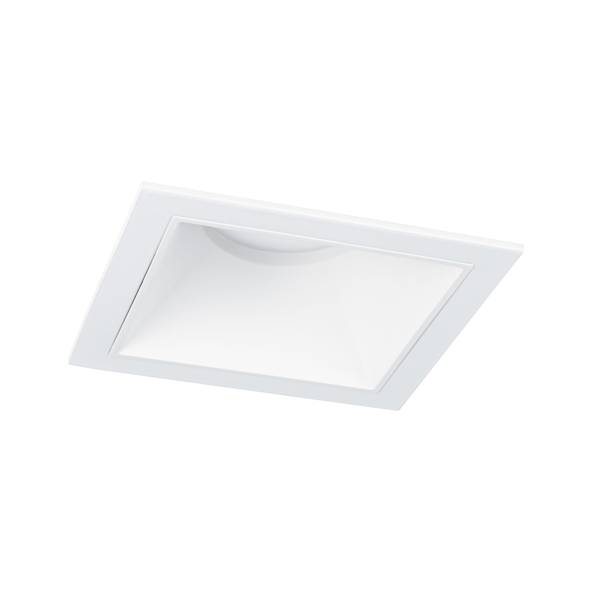 Quadratischer Einbaustrahler aus weißem Kunststoff für moderne LED-Deckenbeleuchtung