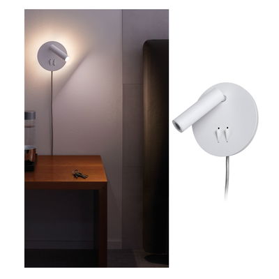 Modern white metal LED wall light with adjustable spotlight for bedroom lighting