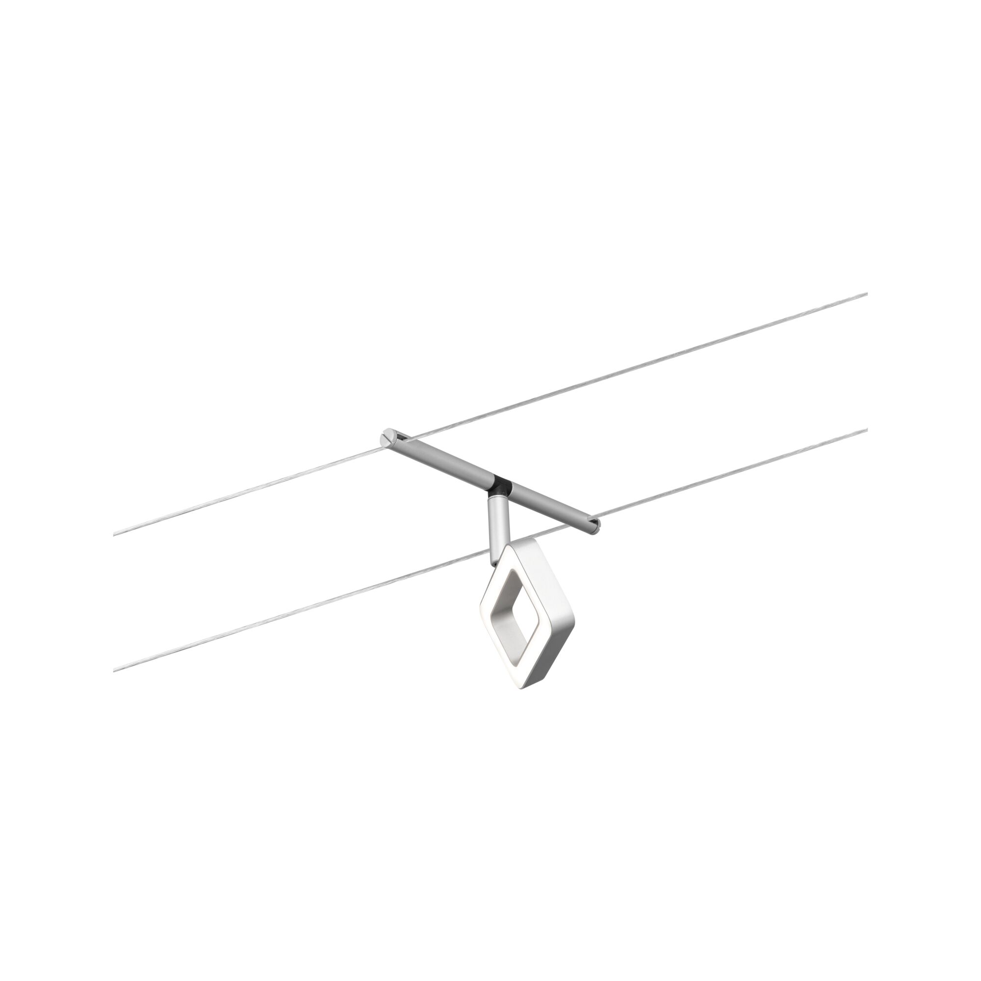 Modernes LED-Seilsystem mit quadratischem, weißem Leuchtelement und silbernem Metallhalter.