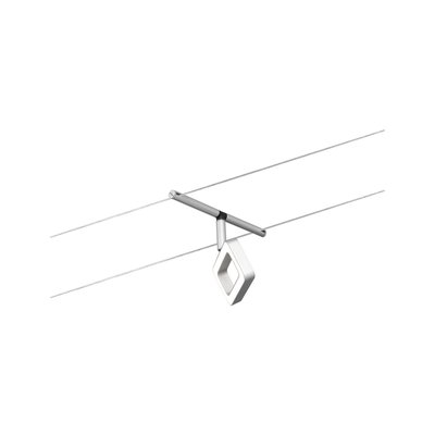 Modern LED cable system with square white light element and silver metal holder for interior lighting.