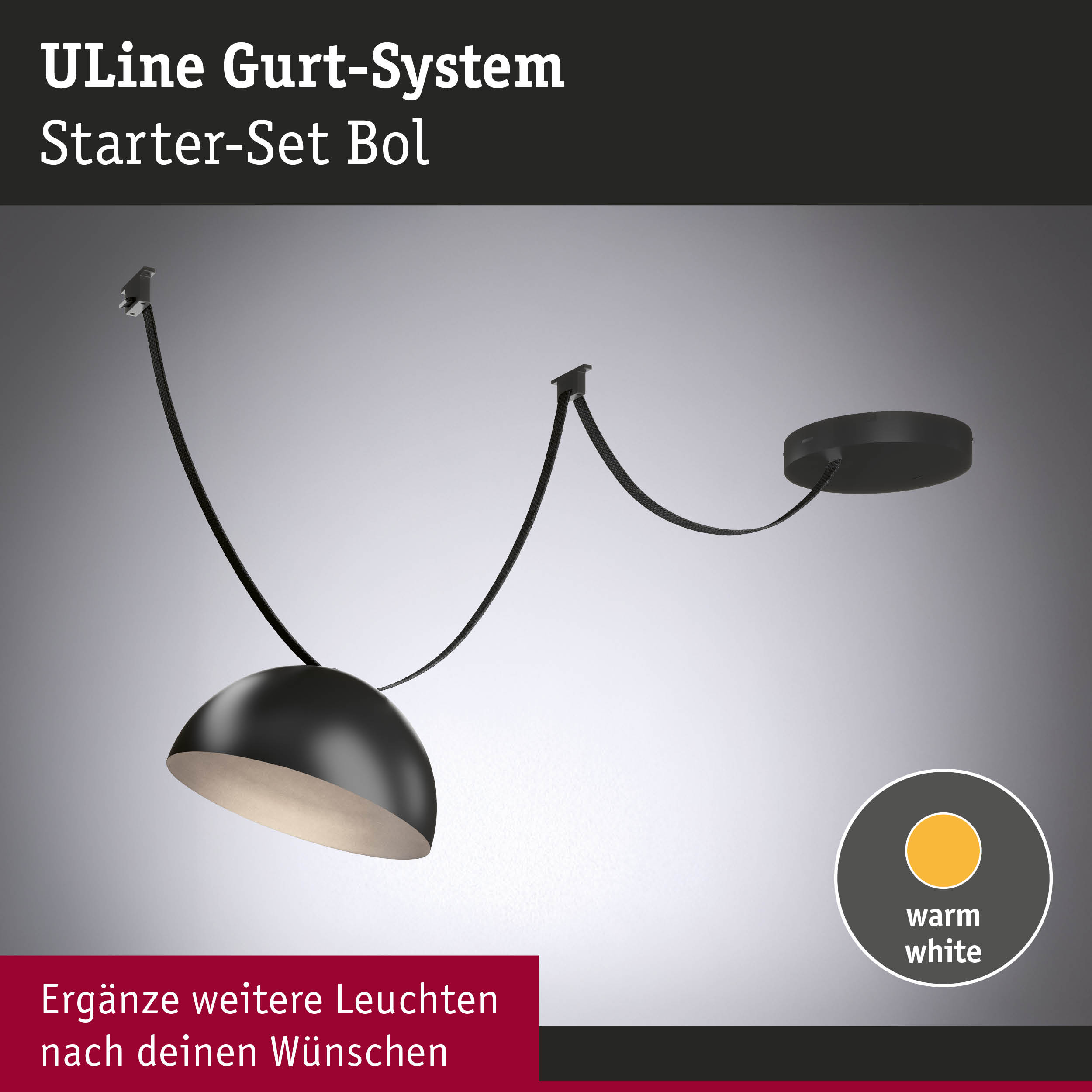 Schwarzes ULine Gurt-System Starter-Set Bol mit warmweißem Licht und textilummanteltem Kabel