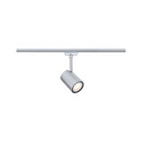 Moderne zilverkleurige metalen LED-spot op railsysteem voor flexibele verlichting