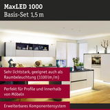 MaxLED 1000 LED-Beleuchtungsset 1,5 m in moderner Küche mit weißer Möbelfront und indirekter Beleuchtung