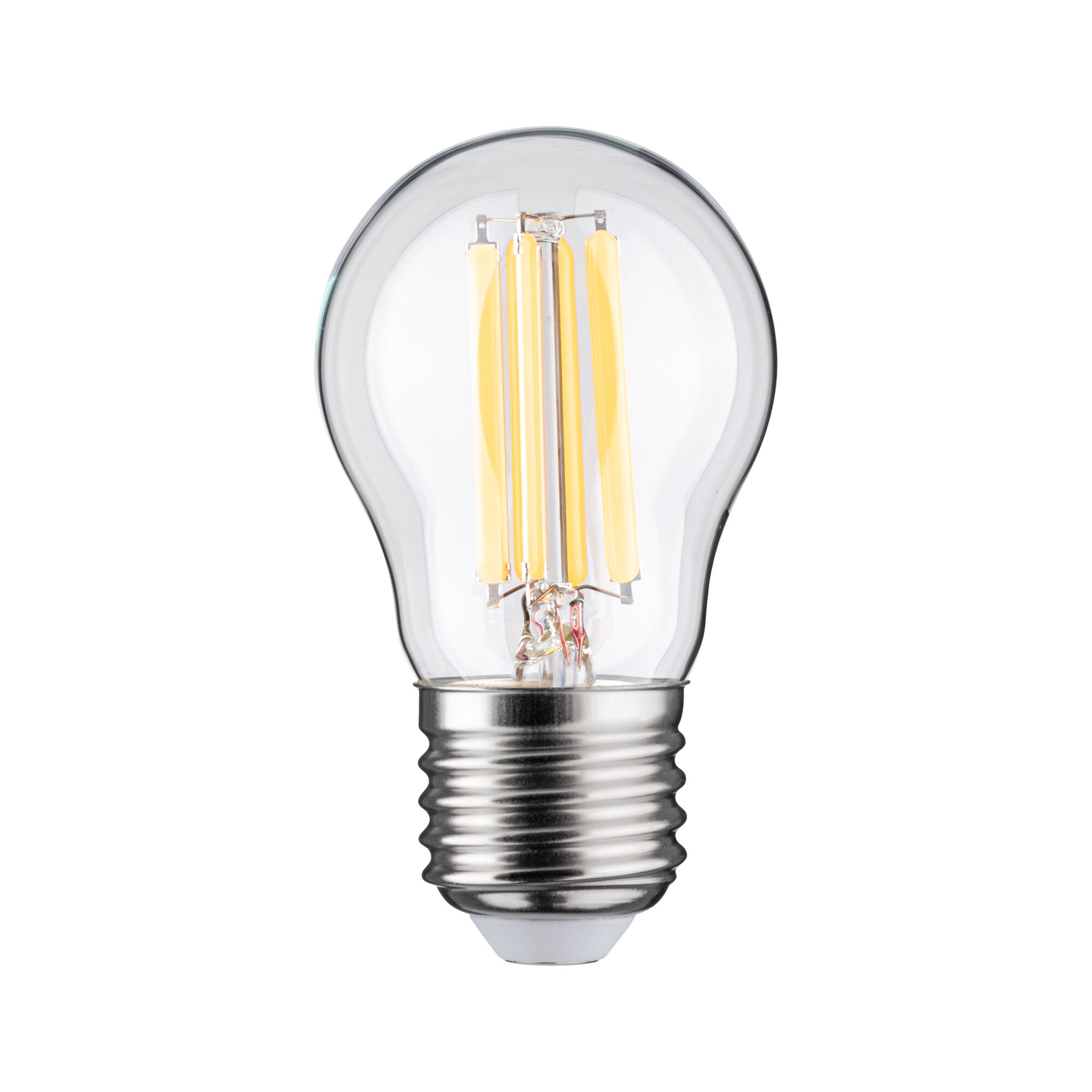 Klassische LED-Glühbirne mit transparentem Glas und silbernem Sockel für energiesparende Beleuchtung