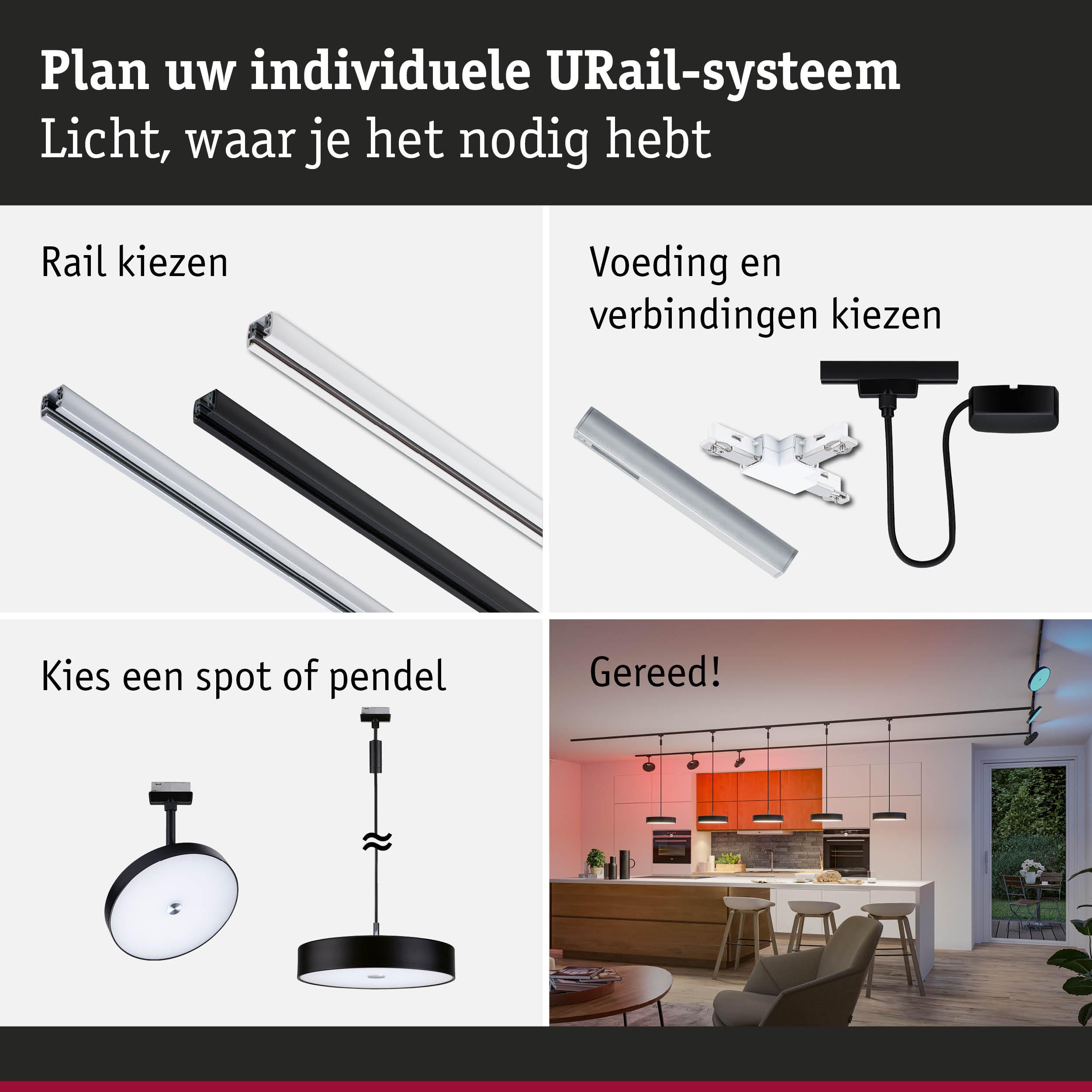 Modulair URail-systeem met zwarte en witte rails, verbindingen en pendelverlichting voor flexibele lichtoplossingen