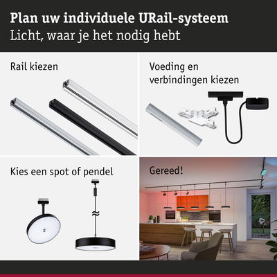Modulair URail-systeem met zwarte en witte rails, verbindingen en pendelverlichting voor flexibele lichtoplossingen