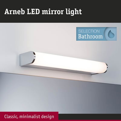 Arneb LED mirror light in white with chrome details for bathroom, classic minimalist design
