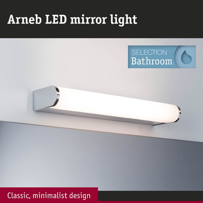 Arneb LED mirror light in white with chrome details for bathroom, classic minimalist design