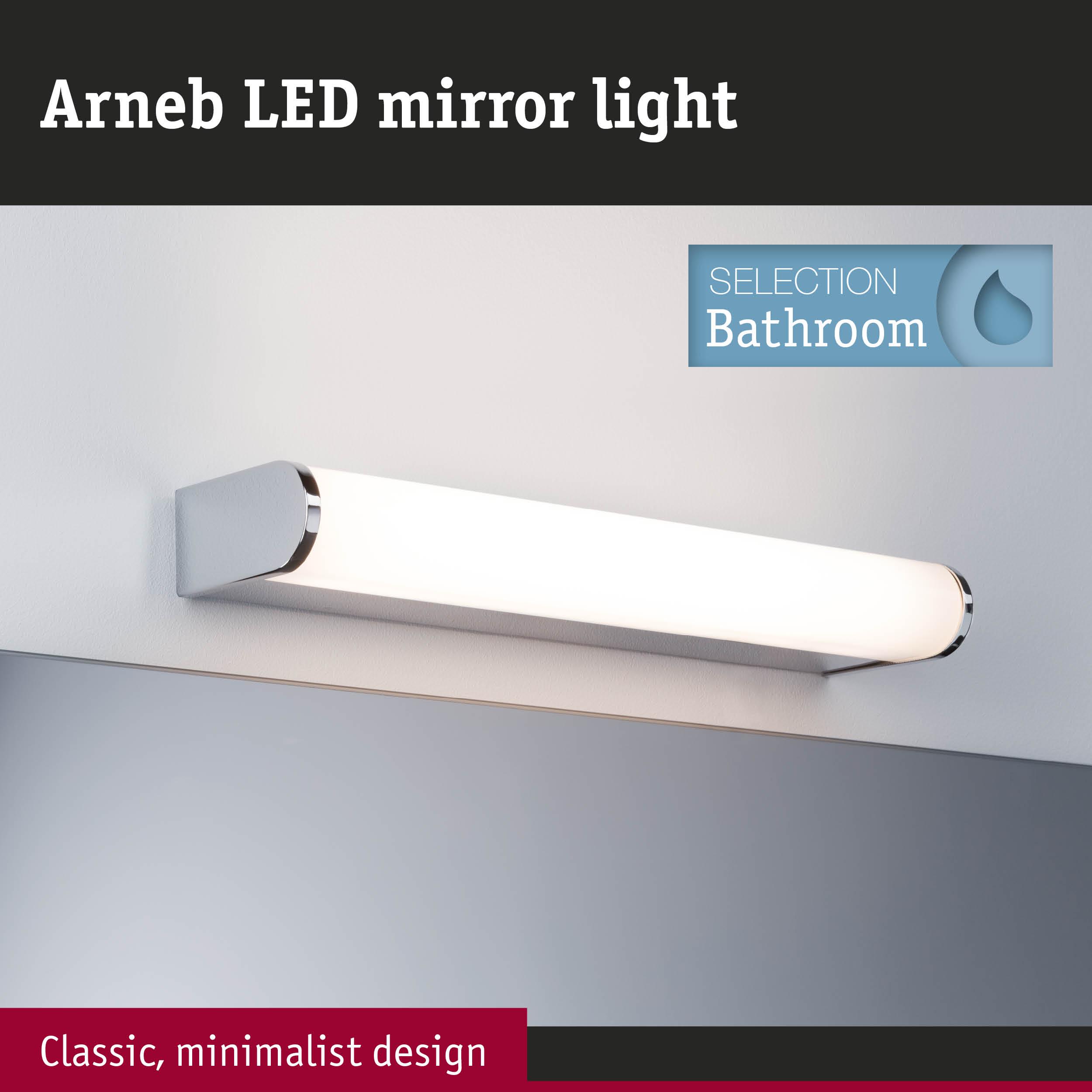 Arneb LED mirror light in white with chrome details for bathroom, classic minimalist design