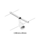 Witte metalen LED-kabelspot met 88 mm hoogte en 28 mm diameter voor flexibele verlichting.